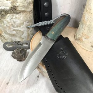 A bushcraft knife with a green wooden handle